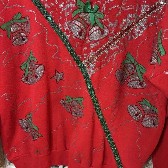Vintage 80s Jingle Bells Glitter Sequins Christmas Sweatshirt Red Pullover Art S - Picture 2 of 8